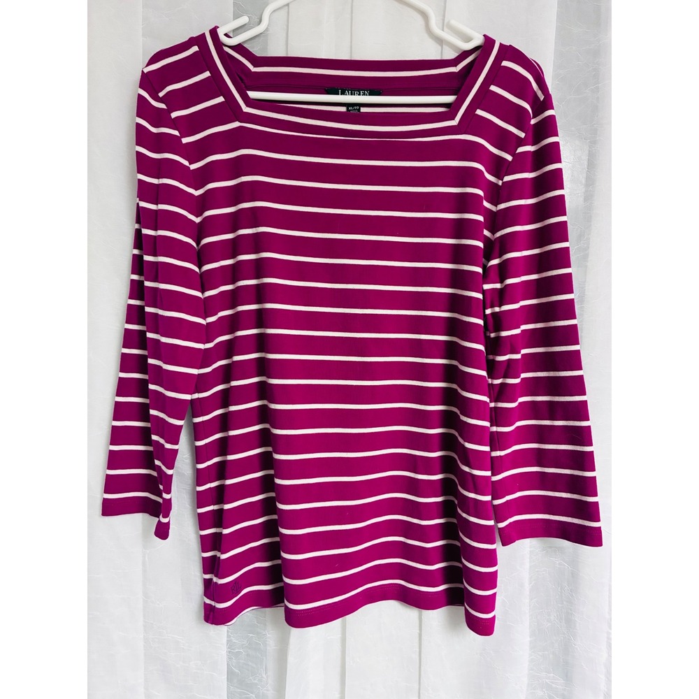 Lauren Ralph Lauren Magenta White Striped Square Neck 3/4 Sleeve Top XL